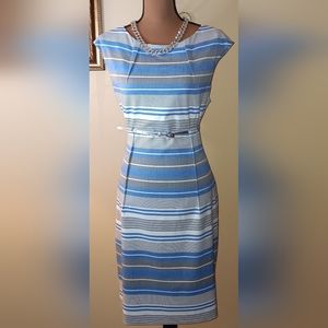 2/$35 Calvin Klein Blue, Ivory, & Grey Stripe Dress w/Silver Belt, Size 12